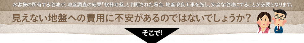 お客様の所有する宅地が、地盤調査の結果「軟弱地盤」と判断された場合、地盤改良工事を施し、安全な宅地にすることが必要となります。見えない地盤への費用に不安があるのではないでしょうか？そこで！
