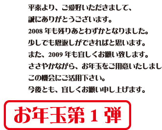 平素より、ご愛好いただきまして、誠にありがとうございます。2008年も残りあとわずかとなりました。少しでも恩返しができればと思います。また、2009年も宜しくお願い致します。ささやかながら、お年玉をご用意いたしました。この機会にご活用下さい。今後とも、宜しくお願い申し上げます。