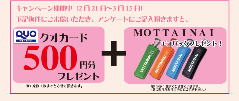 ♪特典♪その1 キャンペーン期間中（2月21日〜3月15日）下記物件にご来場いただき、アンケートにご記入頂きますと、クオカード500円分プレゼント＋エコバッグプレゼント