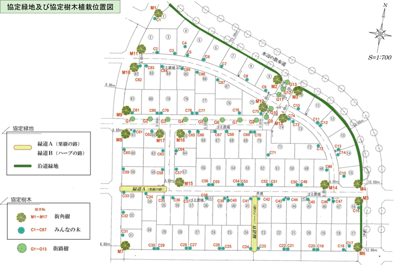 【図2】協定緑地及び協定樹木植栽位置図