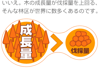 いいえ。木の成長量が伐採量を上回る、そんな林区が世界に数多くあるのです。
